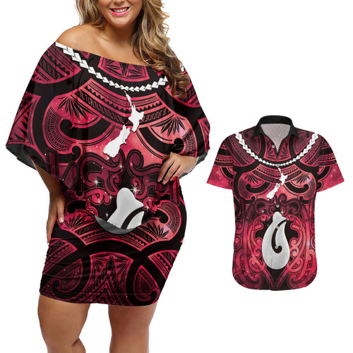 Personalised Maori Matariki Hei Matau Whero Couples Matching Off Shoulder Short Dress and Hawaiian Shirt Maori Kowhaiwhai Pattern Galaxy
