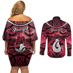 Personalised Maori Matariki Hei Matau Whero Couples Matching Off Shoulder Short Dress and Long Sleeve Button Shirt Maori Kowhaiwhai Pattern Galaxy