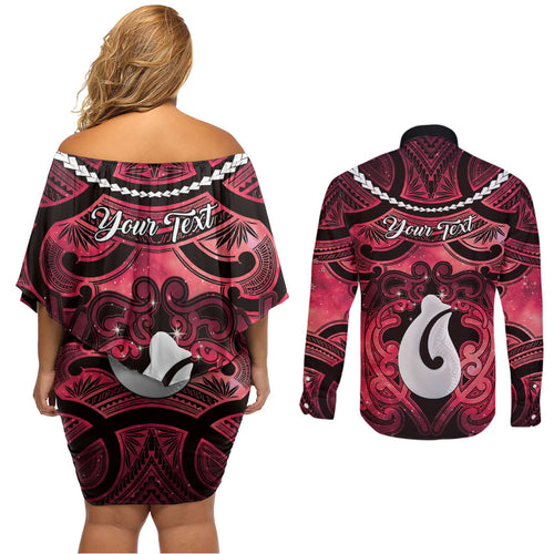 Personalised Maori Matariki Hei Matau Whero Couples Matching Off Shoulder Short Dress and Long Sleeve Button Shirt Maori Kowhaiwhai Pattern Galaxy