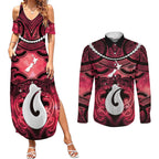 Personalised Maori Matariki Hei Matau Whero Couples Matching Summer Maxi Dress and Long Sleeve Button Shirt Maori Kowhaiwhai Pattern Galaxy