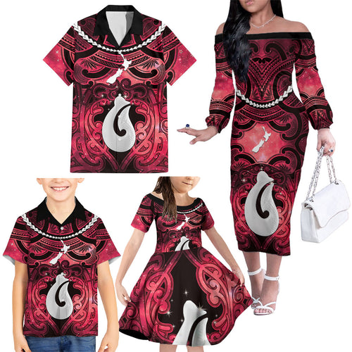 Personalised Maori Matariki Hei Matau Whero Family Matching Off The Shoulder Long Sleeve Dress and Hawaiian Shirt Maori Kowhaiwhai Pattern Galaxy