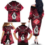 Personalised Maori Matariki Hei Matau Whero Family Matching Off The Shoulder Long Sleeve Dress and Hawaiian Shirt Maori Kowhaiwhai Pattern Galaxy