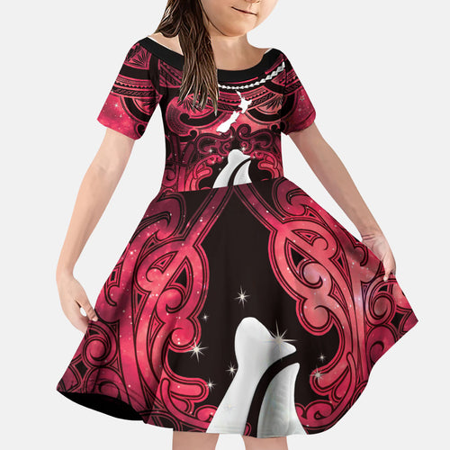 Personalised Maori Matariki Hei Matau Whero Family Matching Off Shoulder Short Dress and Hawaiian Shirt Maori Kowhaiwhai Pattern Galaxy
