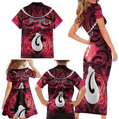 Personalised Maori Matariki Hei Matau Whero Family Matching Short Sleeve Bodycon Dress and Hawaiian Shirt Maori Kowhaiwhai Pattern Galaxy