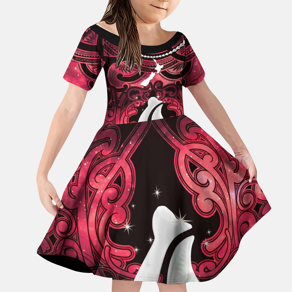 Personalised Maori Matariki Hei Matau Whero Kid Short Sleeve Dress Maori Kowhaiwhai Pattern Galaxy