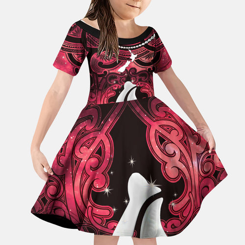 Personalised Maori Matariki Hei Matau Whero Kid Short Sleeve Dress Maori Kowhaiwhai Pattern Galaxy