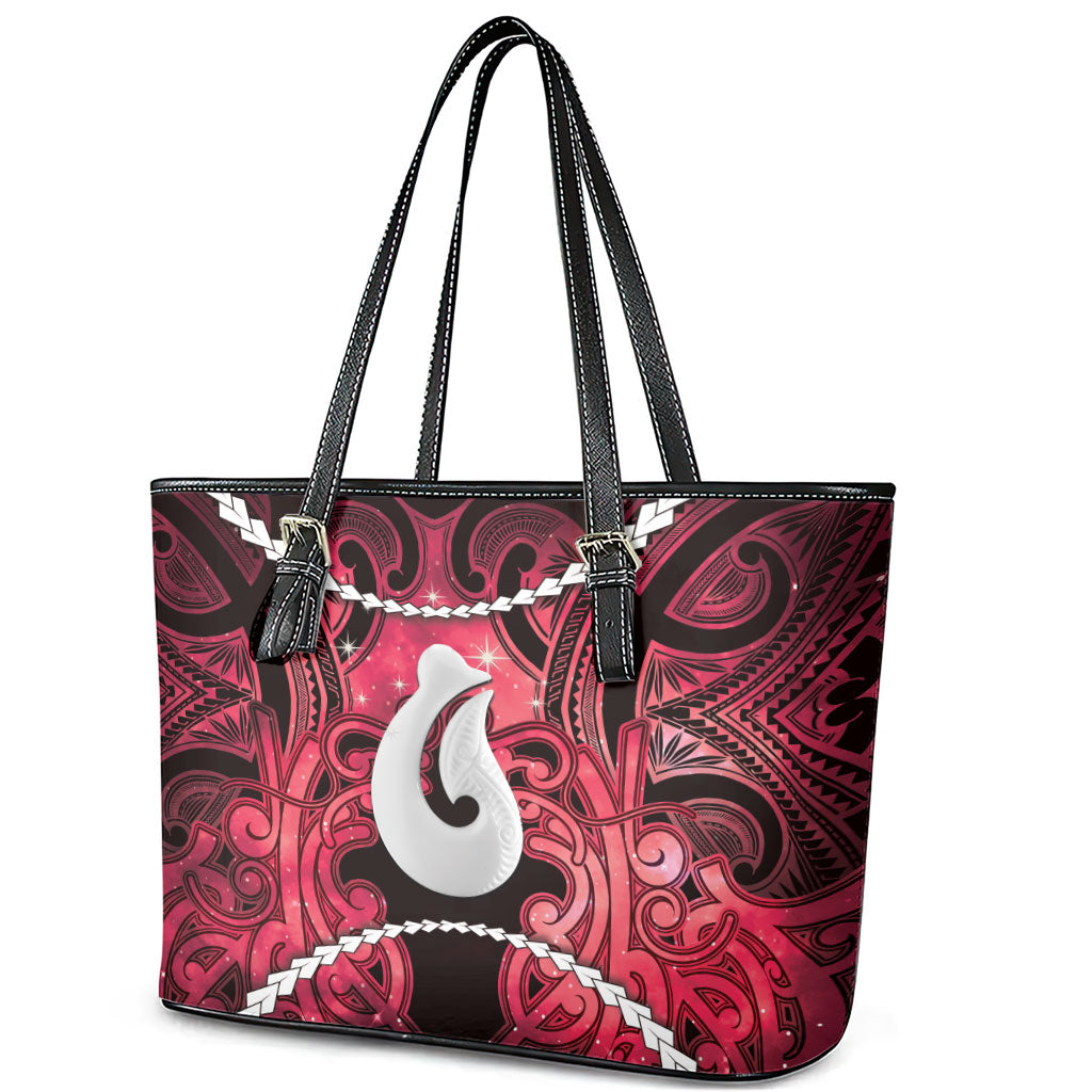 Maori Matariki Hei Matau Whero Leather Tote Bag Maori Kowhaiwhai Pattern Galaxy