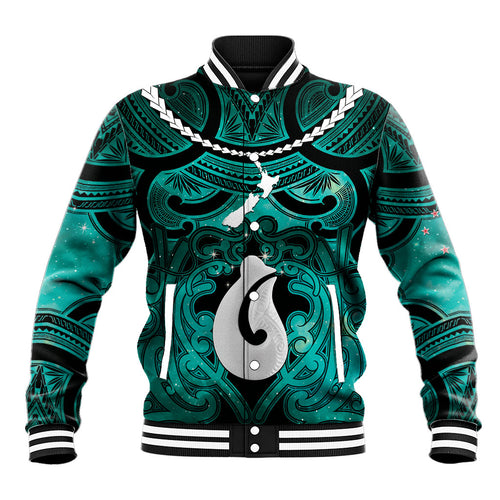 Personalised Maori Matariki Hei Matau Turquoise Baseball Jacket Maori Kowhaiwhai Pattern Galaxy