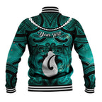 Personalised Maori Matariki Hei Matau Turquoise Baseball Jacket Maori Kowhaiwhai Pattern Galaxy