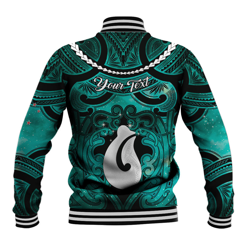 Personalised Maori Matariki Hei Matau Turquoise Baseball Jacket Maori Kowhaiwhai Pattern Galaxy