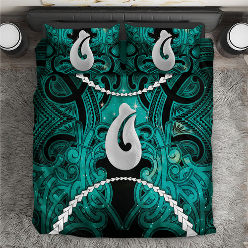 Maori Matariki Hei Matau Turquoise Bedding Set Maori Kowhaiwhai Pattern Galaxy