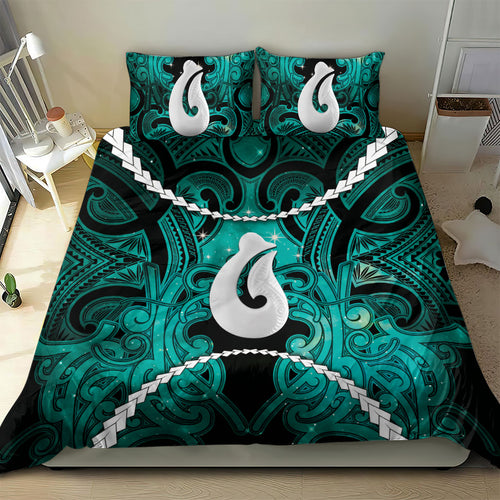 Maori Matariki Hei Matau Turquoise Bedding Set Maori Kowhaiwhai Pattern Galaxy
