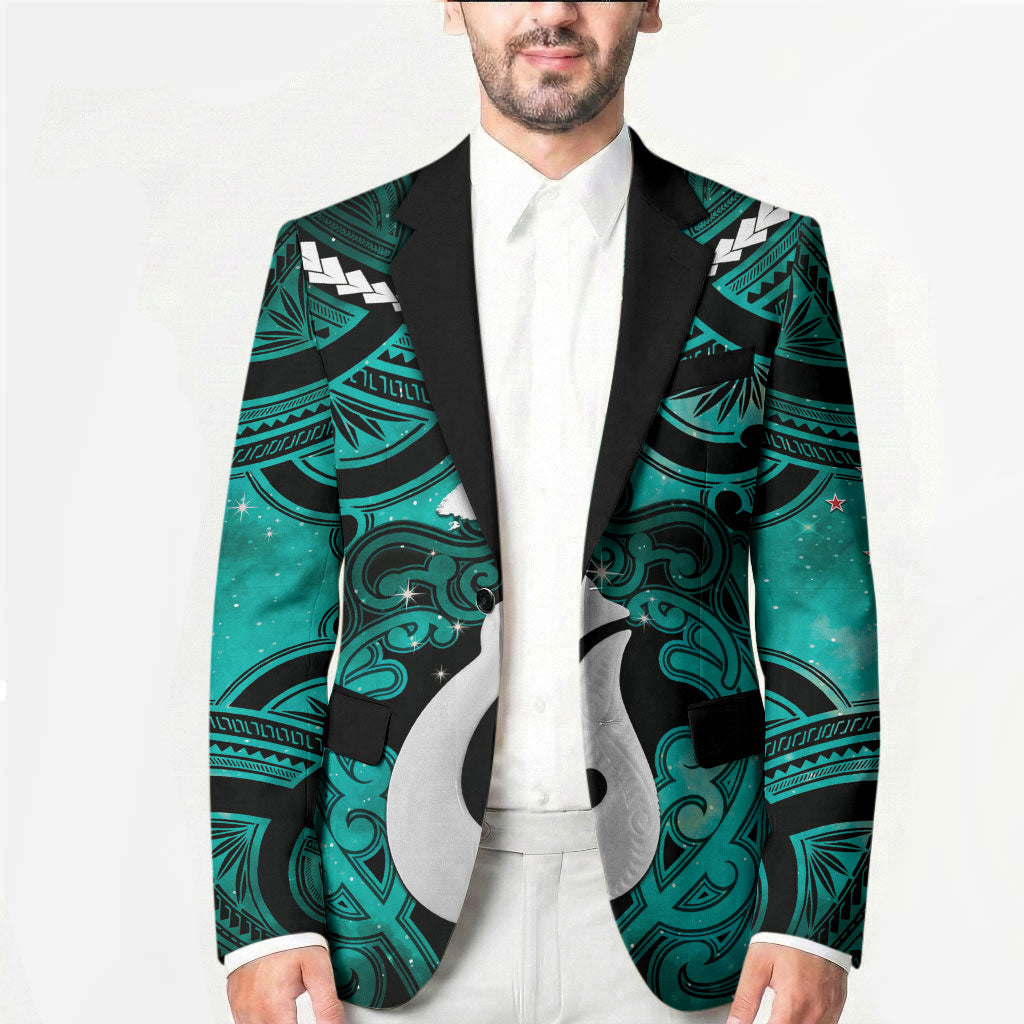 Personalised Maori Matariki Hei Matau Turquoise Blazer Maori Kowhaiwhai Pattern Galaxy