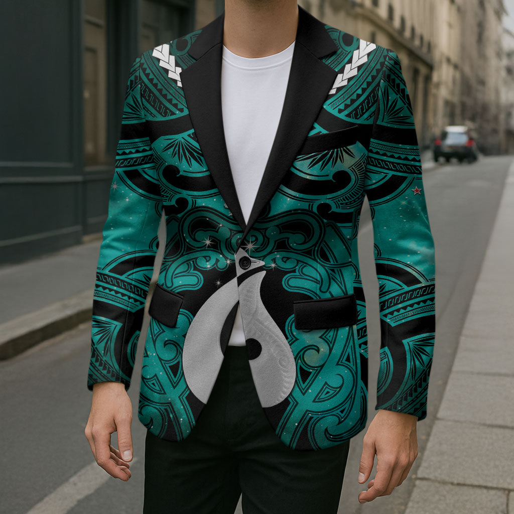 Personalised Maori Matariki Hei Matau Turquoise Blazer Maori Kowhaiwhai Pattern Galaxy