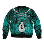 Personalised Maori Matariki Hei Matau Turquoise Bomber Jacket Maori Kowhaiwhai Pattern Galaxy