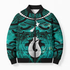 Personalised Maori Matariki Hei Matau Turquoise Bomber Puffer Jacket Maori Kowhaiwhai Pattern Galaxy