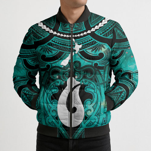Personalised Maori Matariki Hei Matau Turquoise Bomber Puffer Jacket Maori Kowhaiwhai Pattern Galaxy