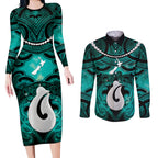 Personalised Maori Matariki Hei Matau Turquoise Couples Matching Long Sleeve Bodycon Dress and Long Sleeve Button Shirt Maori Kowhaiwhai Pattern Galaxy