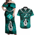 Personalised Maori Matariki Hei Matau Turquoise Couples Matching Off Shoulder Maxi Dress and Hawaiian Shirt Maori Kowhaiwhai Pattern Galaxy