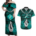 Personalised Maori Matariki Hei Matau Turquoise Couples Matching Off Shoulder Maxi Dress and Hawaiian Shirt Maori Kowhaiwhai Pattern Galaxy