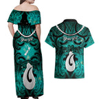 Personalised Maori Matariki Hei Matau Turquoise Couples Matching Off Shoulder Maxi Dress and Hawaiian Shirt Maori Kowhaiwhai Pattern Galaxy