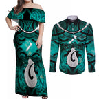 Personalised Maori Matariki Hei Matau Turquoise Couples Matching Off Shoulder Maxi Dress and Long Sleeve Button Shirt Maori Kowhaiwhai Pattern Galaxy