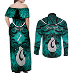 Personalised Maori Matariki Hei Matau Turquoise Couples Matching Off Shoulder Maxi Dress and Long Sleeve Button Shirt Maori Kowhaiwhai Pattern Galaxy