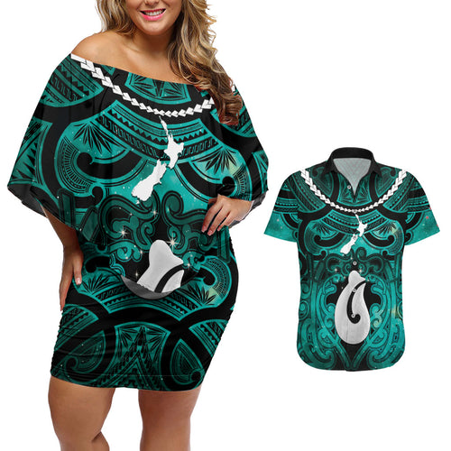 Personalised Maori Matariki Hei Matau Turquoise Couples Matching Off Shoulder Short Dress and Hawaiian Shirt Maori Kowhaiwhai Pattern Galaxy