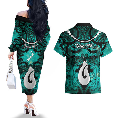 Personalised Maori Matariki Hei Matau Turquoise Couples Matching Off The Shoulder Long Sleeve Dress and Hawaiian Shirt Maori Kowhaiwhai Pattern Galaxy