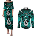 Personalised Maori Matariki Hei Matau Turquoise Couples Matching Puletasi and Long Sleeve Button Shirt Maori Kowhaiwhai Pattern Galaxy