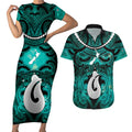 Personalised Maori Matariki Hei Matau Turquoise Couples Matching Short Sleeve Bodycon Dress and Hawaiian Shirt Maori Kowhaiwhai Pattern Galaxy