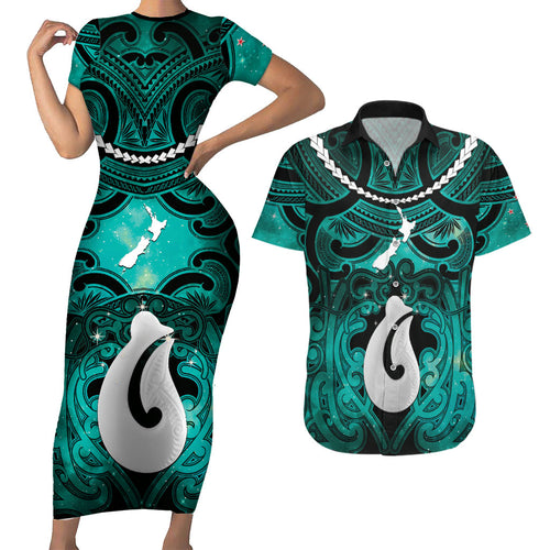 Personalised Maori Matariki Hei Matau Turquoise Couples Matching Short Sleeve Bodycon Dress and Hawaiian Shirt Maori Kowhaiwhai Pattern Galaxy