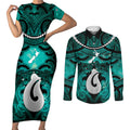 Personalised Maori Matariki Hei Matau Turquoise Couples Matching Short Sleeve Bodycon Dress and Long Sleeve Button Shirt Maori Kowhaiwhai Pattern Galaxy