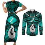 Personalised Maori Matariki Hei Matau Turquoise Couples Matching Short Sleeve Bodycon Dress and Long Sleeve Button Shirt Maori Kowhaiwhai Pattern Galaxy