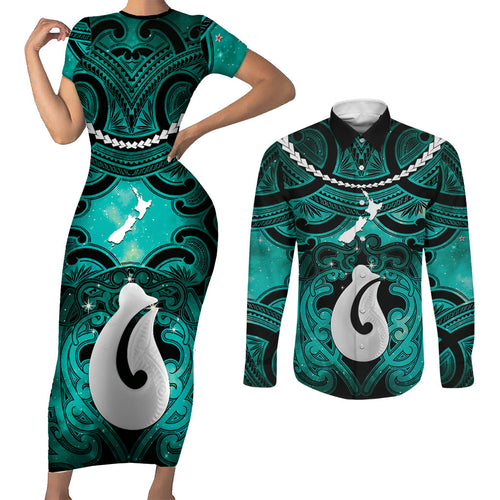 Personalised Maori Matariki Hei Matau Turquoise Couples Matching Short Sleeve Bodycon Dress and Long Sleeve Button Shirt Maori Kowhaiwhai Pattern Galaxy