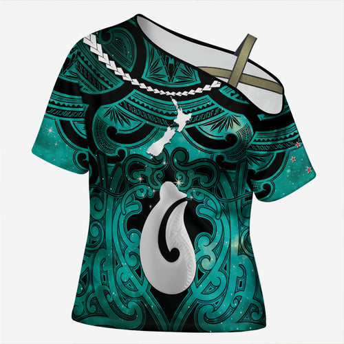 Personalised Maori Matariki Hei Matau Turquoise Cross Shoulder Shirt Maori Kowhaiwhai Pattern Galaxy