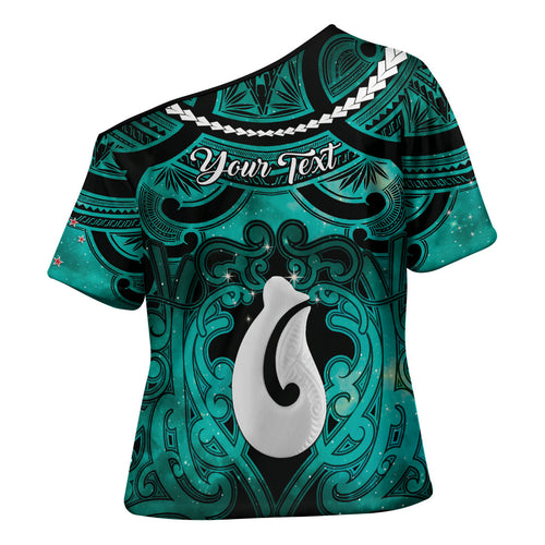 Personalised Maori Matariki Hei Matau Turquoise Cross Shoulder Shirt Maori Kowhaiwhai Pattern Galaxy