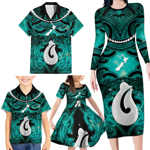 Personalised Maori Matariki Hei Matau Turquoise Family Matching Long Sleeve Bodycon Dress and Hawaiian Shirt Maori Kowhaiwhai Pattern Galaxy
