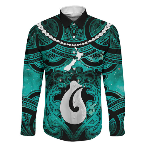 Personalised Maori Matariki Hei Matau Turquoise Family Matching Long Sleeve Bodycon Dress and Hawaiian Shirt Maori Kowhaiwhai Pattern Galaxy