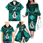 Personalised Maori Matariki Hei Matau Turquoise Family Matching Off The Shoulder Long Sleeve Dress and Hawaiian Shirt Maori Kowhaiwhai Pattern Galaxy