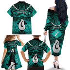 Personalised Maori Matariki Hei Matau Turquoise Family Matching Off The Shoulder Long Sleeve Dress and Hawaiian Shirt Maori Kowhaiwhai Pattern Galaxy