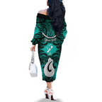 Personalised Maori Matariki Hei Matau Turquoise Family Matching Off The Shoulder Long Sleeve Dress and Hawaiian Shirt Maori Kowhaiwhai Pattern Galaxy