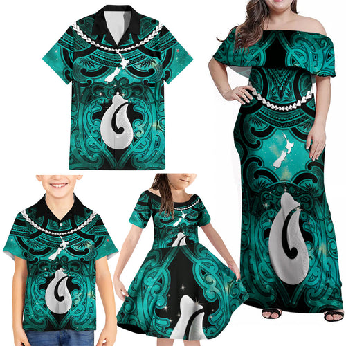 Personalised Maori Matariki Hei Matau Turquoise Family Matching Off Shoulder Maxi Dress and Hawaiian Shirt Maori Kowhaiwhai Pattern Galaxy