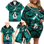 Personalised Maori Matariki Hei Matau Turquoise Family Matching Off Shoulder Short Dress and Hawaiian Shirt Maori Kowhaiwhai Pattern Galaxy