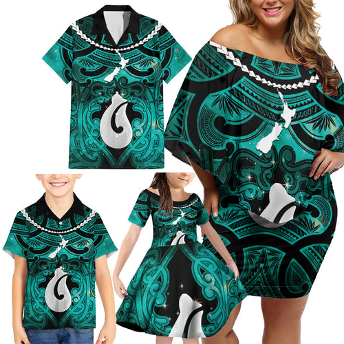 Personalised Maori Matariki Hei Matau Turquoise Family Matching Off Shoulder Short Dress and Hawaiian Shirt Maori Kowhaiwhai Pattern Galaxy
