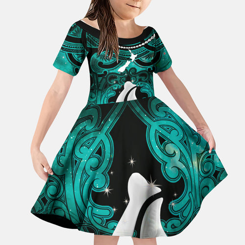 Personalised Maori Matariki Hei Matau Turquoise Family Matching Off Shoulder Short Dress and Hawaiian Shirt Maori Kowhaiwhai Pattern Galaxy