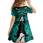 Personalised Maori Matariki Hei Matau Turquoise Family Matching Off Shoulder Short Dress and Hawaiian Shirt Maori Kowhaiwhai Pattern Galaxy
