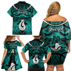 Personalised Maori Matariki Hei Matau Turquoise Family Matching Off Shoulder Short Dress and Hawaiian Shirt Maori Kowhaiwhai Pattern Galaxy