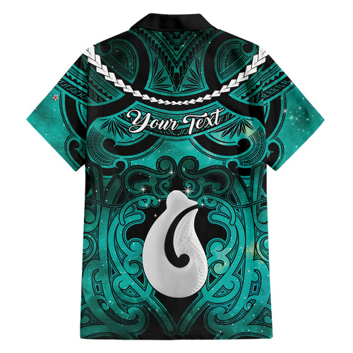 Personalised Maori Matariki Hei Matau Turquoise Family Matching Off Shoulder Short Dress and Hawaiian Shirt Maori Kowhaiwhai Pattern Galaxy