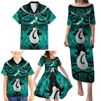 Personalised Maori Matariki Hei Matau Turquoise Family Matching Puletasi and Hawaiian Shirt Maori Kowhaiwhai Pattern Galaxy